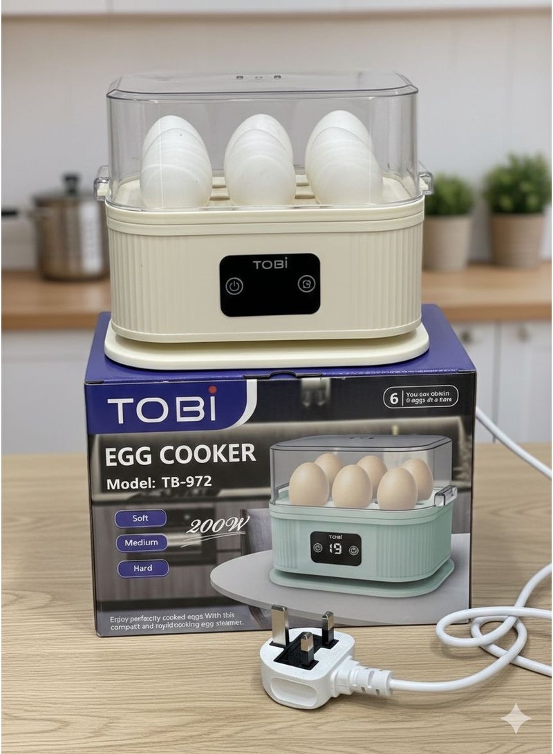 توبي طباخ بيض كهربائي TB-972 - سعة 6 بيضات، 200 واط طهي سريع، أوضاع طهي ناعم/متوسط/قاسٍ مع غطاء شفاف - Image 2